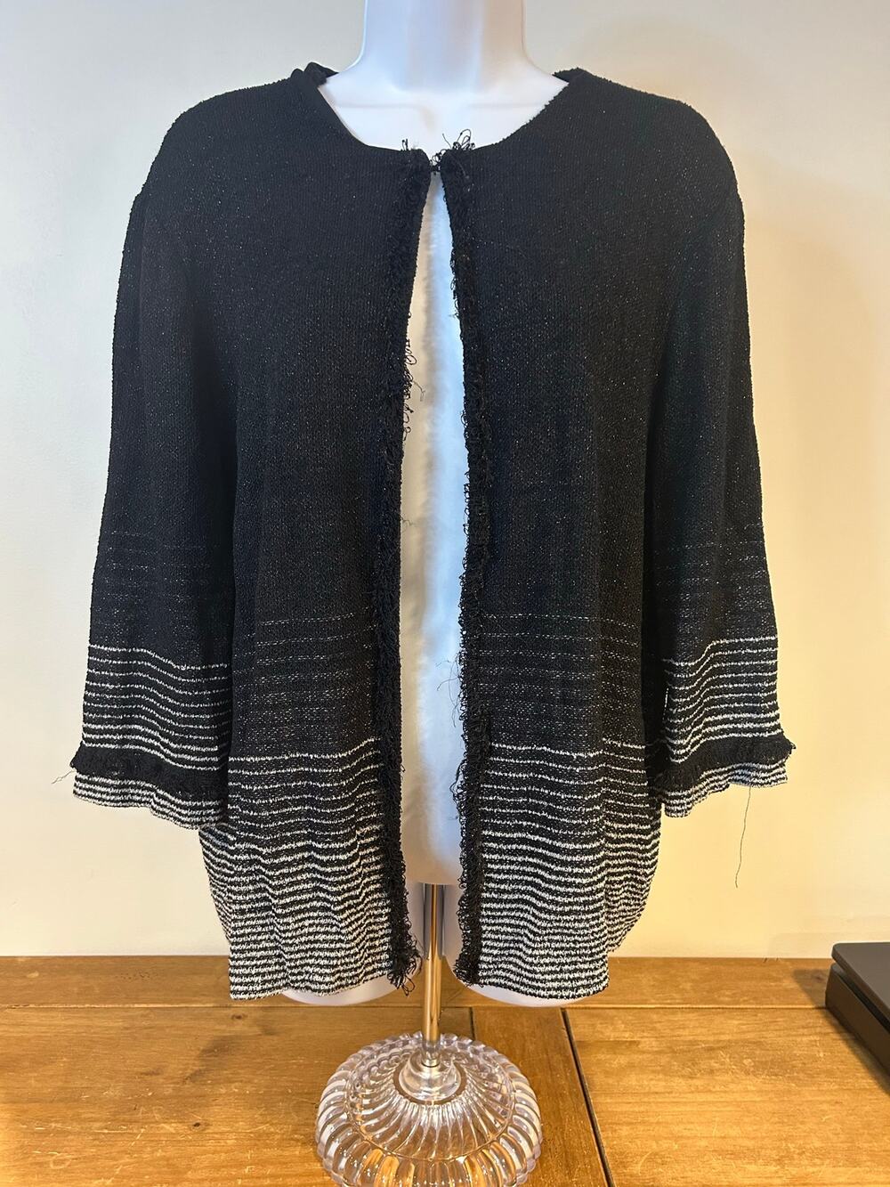 Ming Wang XL Black Open Knit Cardigan Ombre White Stripe Frayed Trim Career